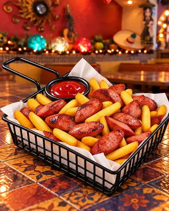 Papas con salchicha de La Parrilla Tap